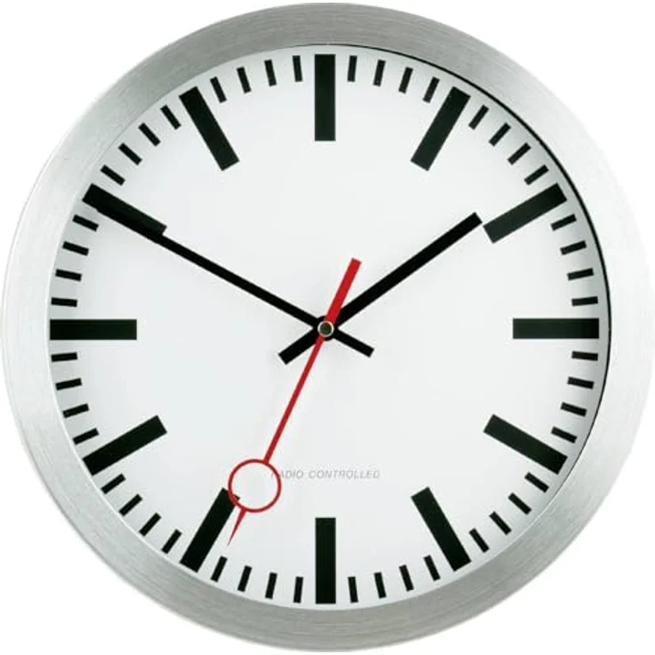 Eurotime 59002-07 Funk Wanduhr 30 cm Silber mit Bahnhofszifferblatt und Bahnhofszeiger
