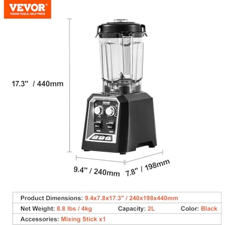VEVOR Kommerzieller Standmixer HS-210D-US, 2200 W, 3-Funktionen, 2 L Kapazität, für gefrorene Getränke, Milchshakes und Smoothies, schwarz – Bild 7