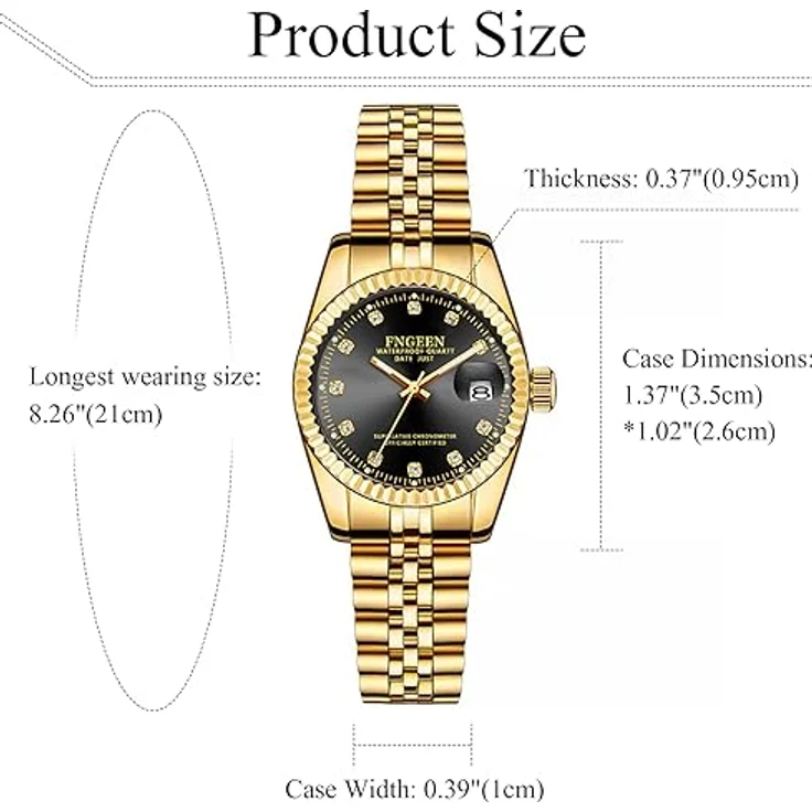 JewelryWe Armbanduhr Damen Edelstahl, wasserdicht, analog Quarz mit Datum, leuchtenden Zeigern und schwarzem Zifferblatt, goldfarbenes Armband – Bild 2