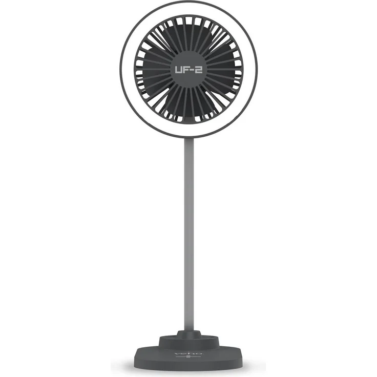 Veho UF-2 3-in-1 Desktop Station, Ventilator mit kabellosem 15W-Smartphone-Schnellladegerät und LED-Ringlicht, schwarz