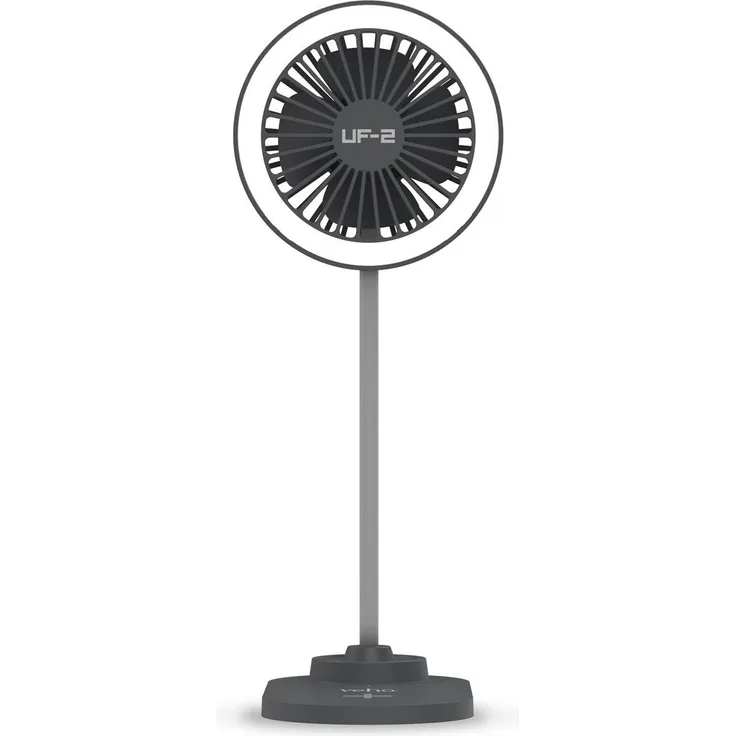 Veho UF-2 3-in-1 Desktop Station, Ventilator mit kabellosem 15W-Smartphone-Schnellladegerät und LED-Ringlicht, schwarz