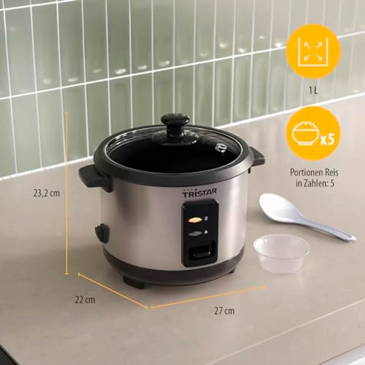 Tristar RK-6144 Reiskocher, 1 L Kapazität für bis zu 5 Portionen, Edelstahlgehäuse, Antihaft-Innentopf, Dampfeinsatz, Warmhaltefunktion, 400 W – Bild 2