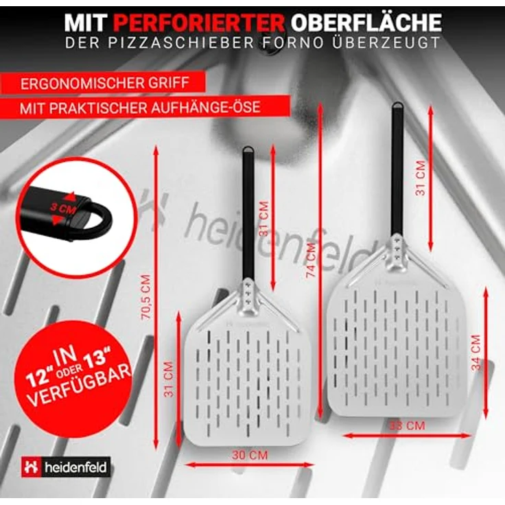 Heidenfeld Premium Pizzaschieber Forno | Pizzaschaufel perforiert, groß (31.0 x 30.0 cm), ergonomischer Griff, Pizzapfanne (Forno 12 Zoll) - Harteloxiertes Aluminium & Edelstahl, Lebensmittelecht & Geschmacksneutral, für Backofen & Grill - Silber – Bild 4