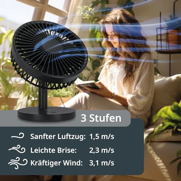 ADE USB Tischventilator, sehr leise mit 3 Stufen, Akku bis 7,5 h, 2.000 mAh, 90° Neigungswinkel, anthrazit – Bild 3