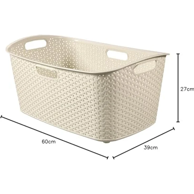 Curver My Style Korb, rechteckig, 50 L, Rattan-Optik, Kunststoff, elfenbeinfarben, mit 4 ergonomischen Griffen, 60 x 39 x 27,8 cm – Bild 5
