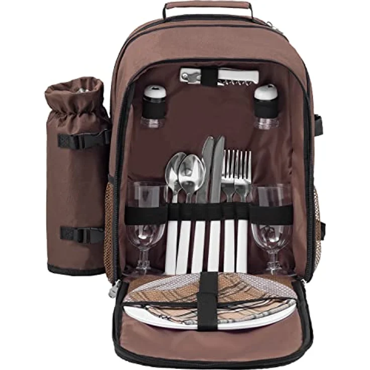 Ohne Picknickdecke Braun  anndora Picknickrucksack Rucksack braun retro und Zubehör 15 teilig  2 Personen – Bild 3