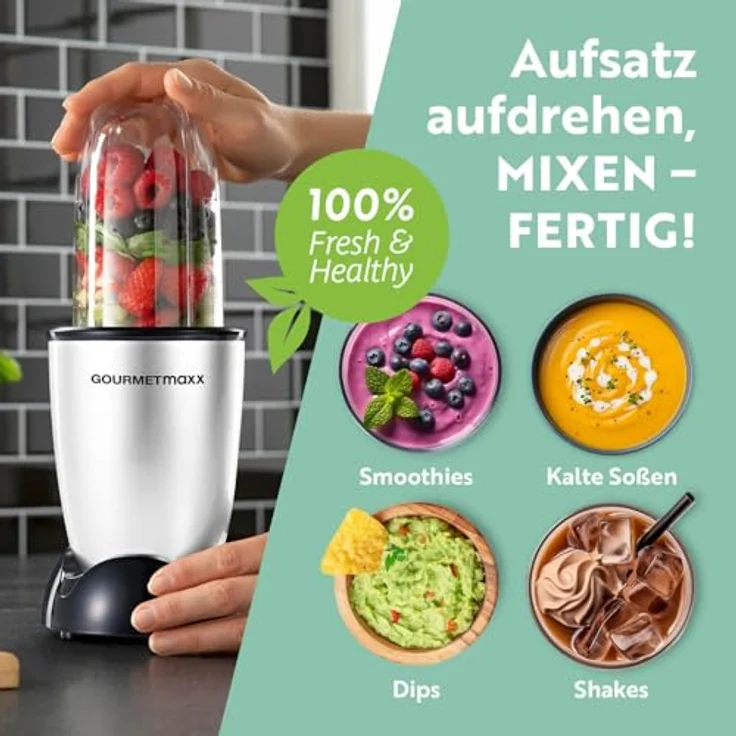 GOURMETmaxx Mr. Magic Mixer 4-tlg. | 400W Standmixer mit Edelstahl-Kreuzklinge, 500ml Mixbecher & To Go Deckel | Für Smoothies, Shakes, Dips und Soßen | Silber/Schwarz – Bild 5