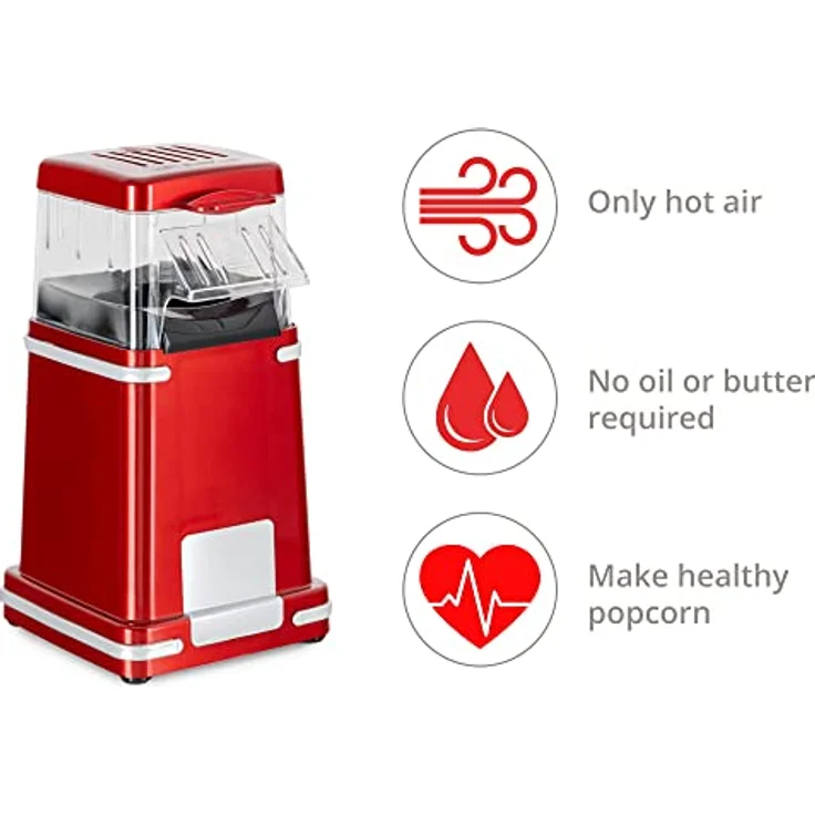 Stagecaptain PCM-1200 HA Fettfreie Heißluft-Popcorn-Maschine - Kalorienbewusster Genuss ohne Fett oder Öl - 1200 Watt - schnelle Zubereitung - Retrodesign für Movie-Liebhaber - Metallic Red – Bild 4