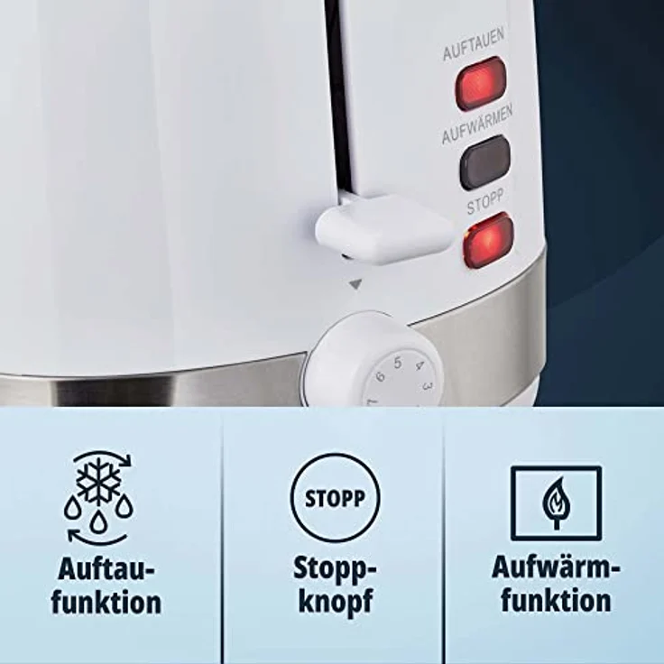 KHG Toaster Weiß, Edelstahl, 2 Scheiben, 7 stufenlose Bräunungsstufen, Auftau- und Aufwärmfunktion, Krümelschublade, 850 W – Bild 3