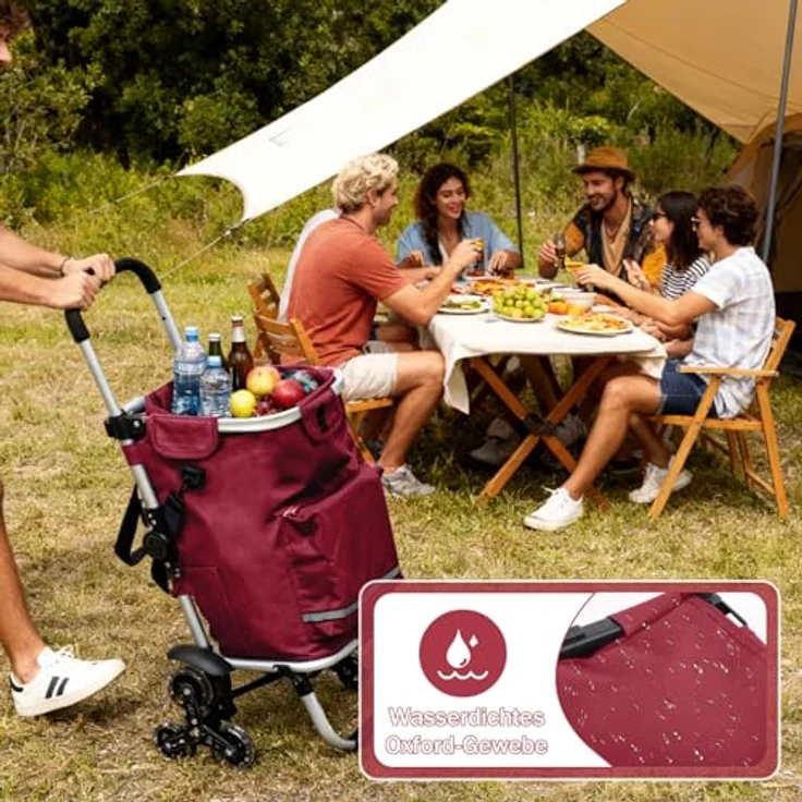 Sekey Klappbarer Einkaufstrolley 3-in-1 mit Kühlfach, 42 l, roter Treppensteiger Trolley inkl. Spanngurt und Einkaufschip – Bild 6