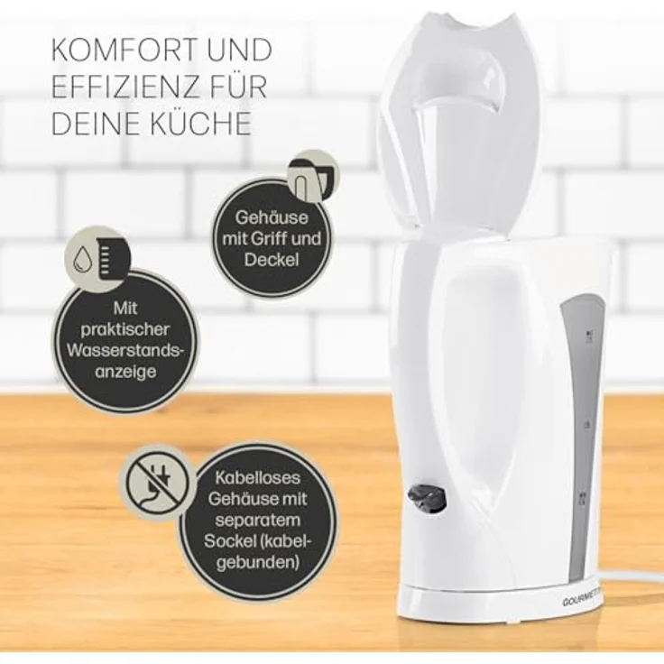 GOURMETmaxx Wasserkocher 1,7 l | Schlichtes Design, kabellose Flexibilität & automatische Abschaltung | Wasserstandsanzeige | Leicht zu reinigender Kalkfilter | Perfekt für Tee [Weiß-Grau] – Bild 2