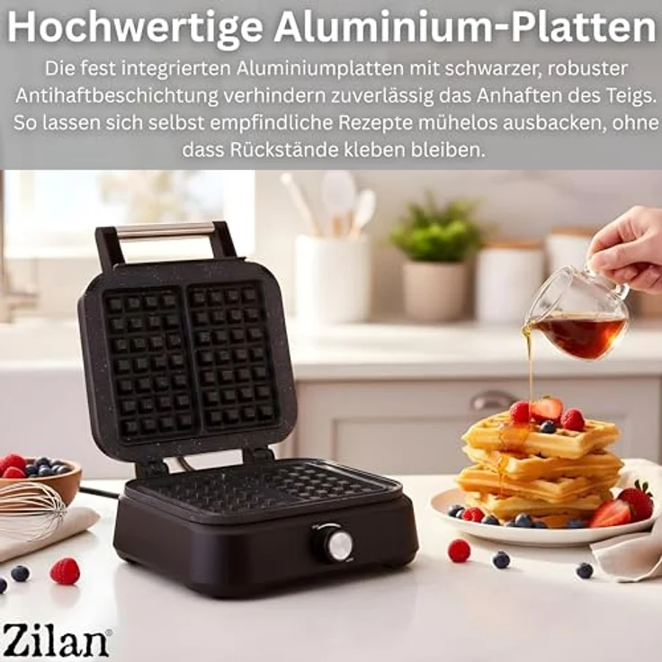 Zilan Waffeleisen Belgische Waffel doppelt, XXL Platten 1500 Watt, Temperaturregelung 95°C-205°C, Antihaftbeschichtung, Matt Schwarz, Cool-Touch-Technologie, Überlaufkanal – Bild 3