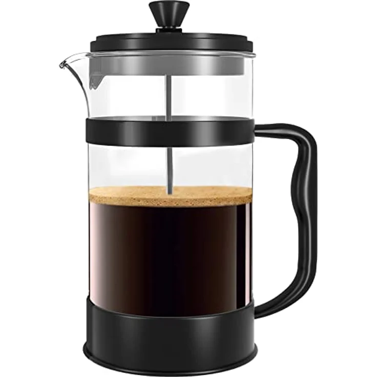 KICHLY French Press Kaffeemaschine, Tragbare Cafetière mit Dreifachfilter, Hitzebeständiges Glas, Edelstahlgehäuse, 1000ml - Schwarz – Bild 1