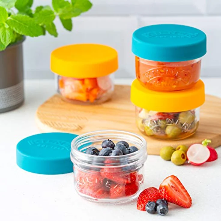 KILNER Snackgläser 125ml 2er Set, luftdicht mit bunten Silikondeckeln in Blau und Gelb, ideal für Obst und Gemüse – Bild 4