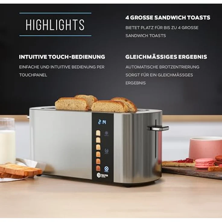 Balter TS-34, Langschlitz-Toaster für 4 Scheiben aus Edelstahl, Touch Bedienung, Brötchenaufsatz, LCD Display, Auftaufunktion, Brotzentrierung – Bild 4
