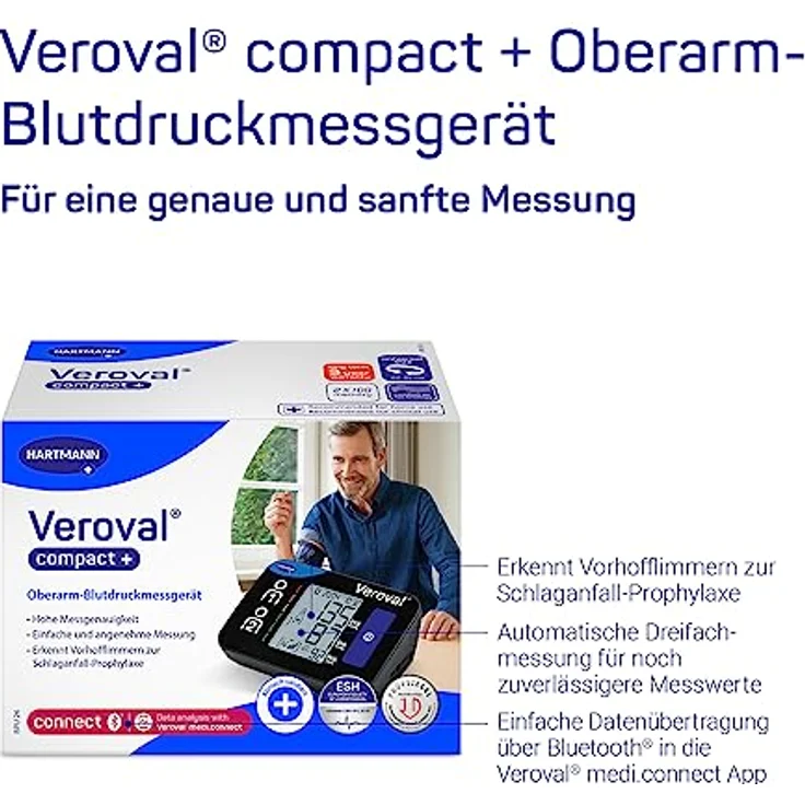 Veroval compact + Oberarm-Blutdruckmessgerät BPU 26, einfache Handhabung, erkennt Vorhofflimmern (AFib), Datenübertragung auf App, Bluetooth – Bild 3