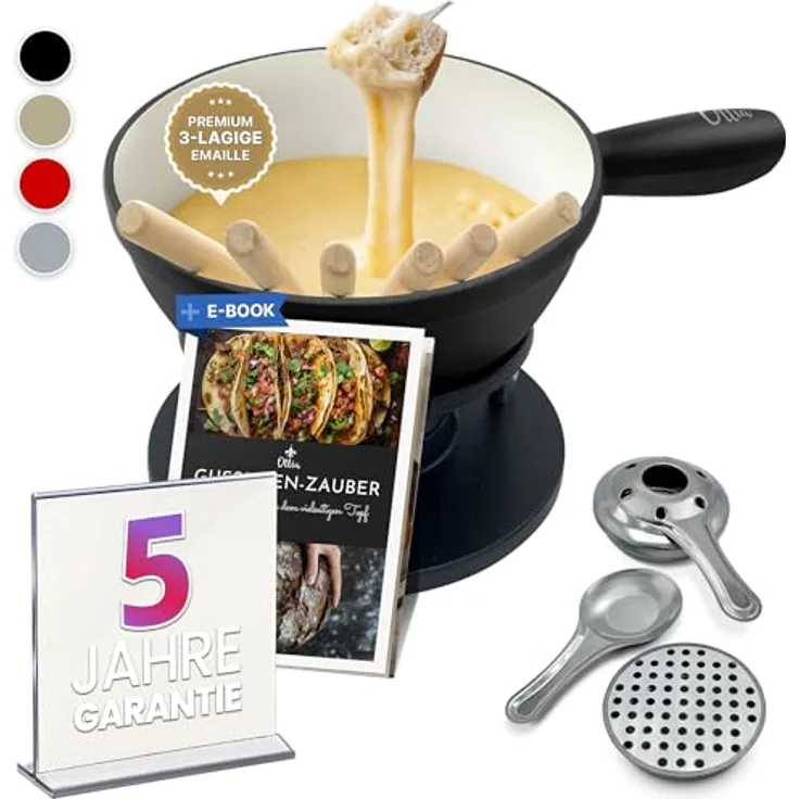 Ottia Fondue Set für 2-6 Personen, Gusseisen & Emaille, induktionsgeeignet, mit Brenner, 6 Gabeln & Rezeptbuch, ideal für Käse-, Fleisch- und Schokofondue