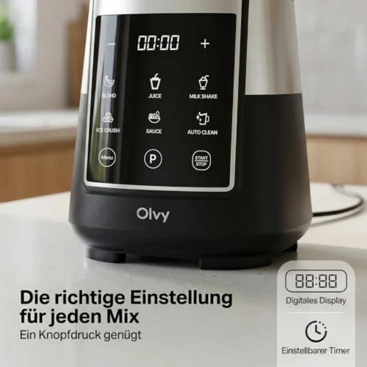 Olvy Standmixer Smoothie Maker, 1.5L Glasbehälter mit 6-Klingen-System und LED-Timer, inklusive To-Go Flasche – Bild 3