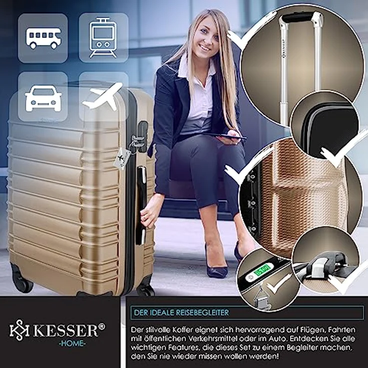 KESSER® Reisekoffer Mittlerer Hartschalen-Koffer Inkl. Kofferwaage + Gepäckanhänger Trolley Gepäck Rollkoffer Zahlenschloss 4 Rollen ABS-Hartschale Teleskopgriff (66x45x28cm / 84 Liter Champagne) – Bild 5