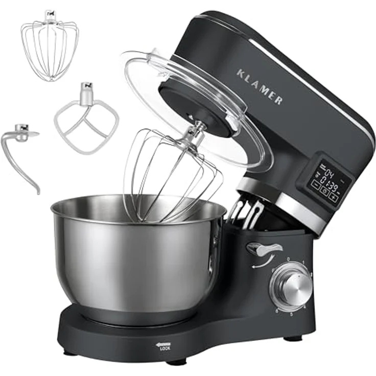 KLAMER Küchenmaschine Classic 1400 W, 5,5 L Edelstahlrührschüssel, Knet-, Rühr- & Schneebesenaufsatz, Timer & LED-Display, stabile Saugnapffüße, ideal für Brot-, Kuchen- & Pizzateig – Bild 1