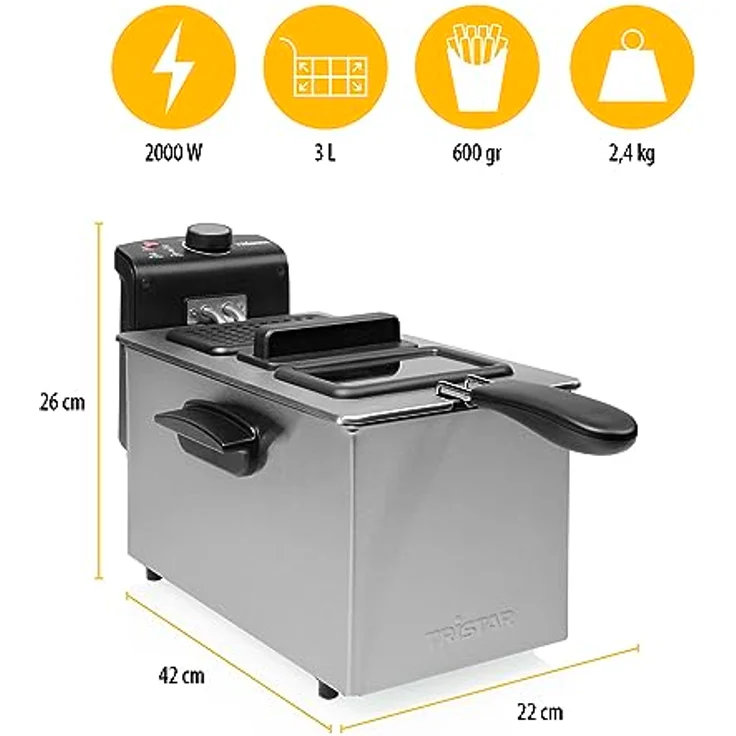 Tristar PRO FR-6947 Fritteuse, 2000 W, 3 L Fassungsvermögen, mit Öl, Drehregler, Edelstahl, Kunststoff, silber, schwarz – Bild 3