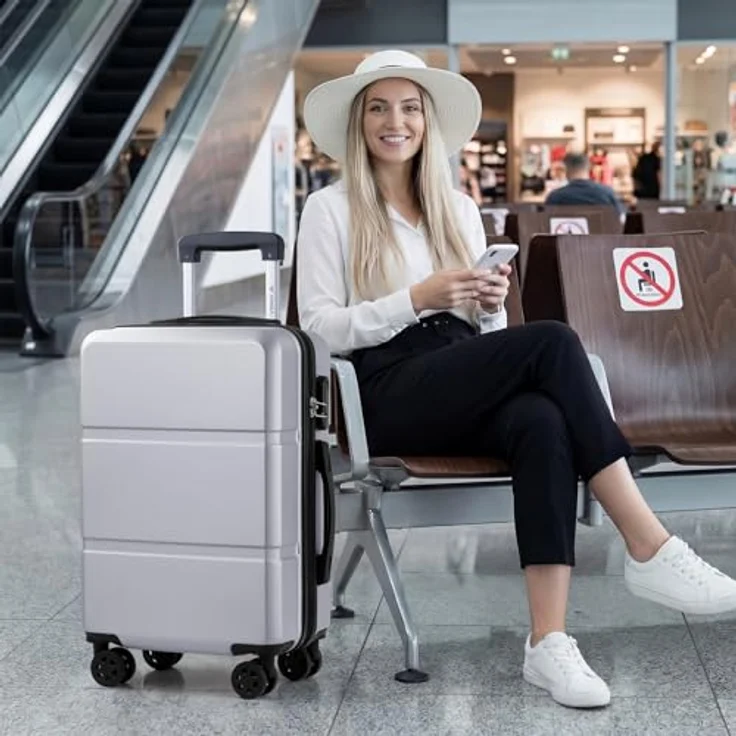 YONSLY Trolley Suitcase Reisekoffer, Hartschalenkabinenkoffer M mit 4 Rollen 360°, Zahlenschloss und Teleskopgriff, Silber – Bild 2