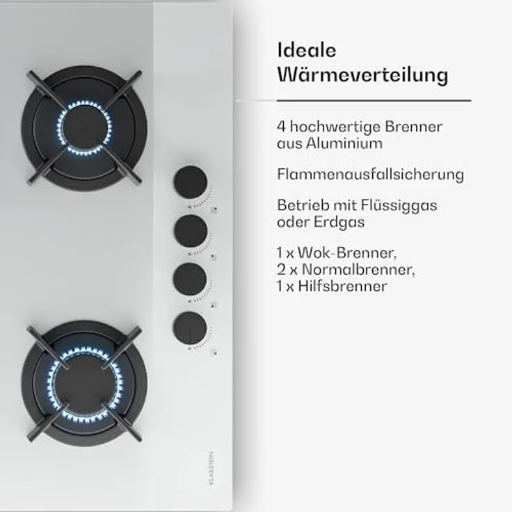 Klarstein Velaire Gaskochfeld 4-Brenner, 8000W, 60cm, Flüssiggas & Erdgas, elektrische Zündung, Flammenausfallschutz, inkl. Umrüstsatz & Schlauchset, Weiß – Bild 5