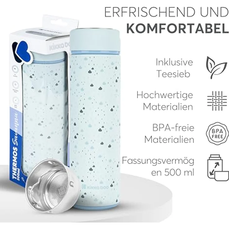 KikkaBoo Savanna, Thermoskanne für Babys, 500 ml Edelstahl, lekfrei mit Teesieb, für heiße und kalte Getränke, blau – Bild 5