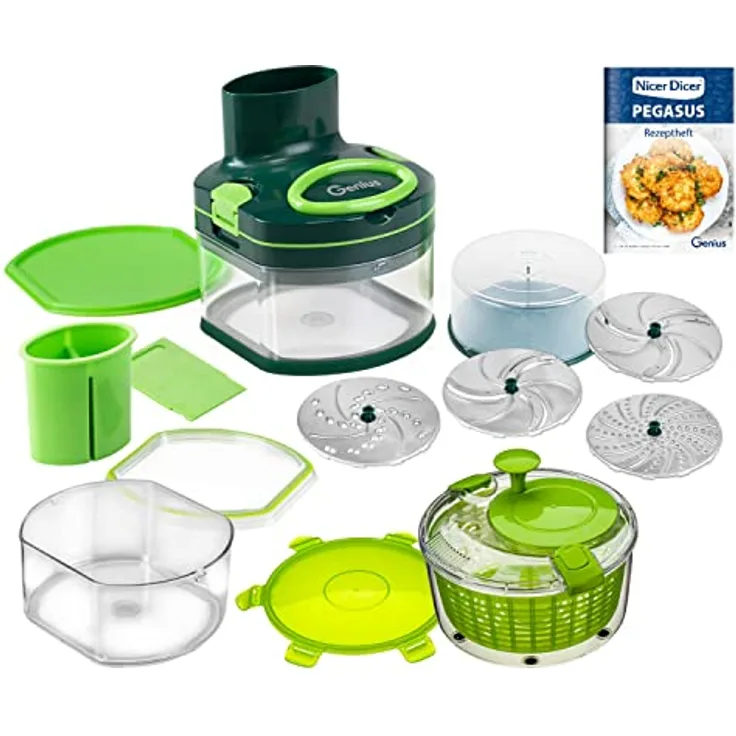 Genius Nicer Dicer Pegasus Gemüsezerkleinerer Deluxe-Set 20-tlg | Handzugdeckel | geringer Kraftaufwand | Gemüseschneider für schnelles & sicheres Arbeiten + Salatschleuder…