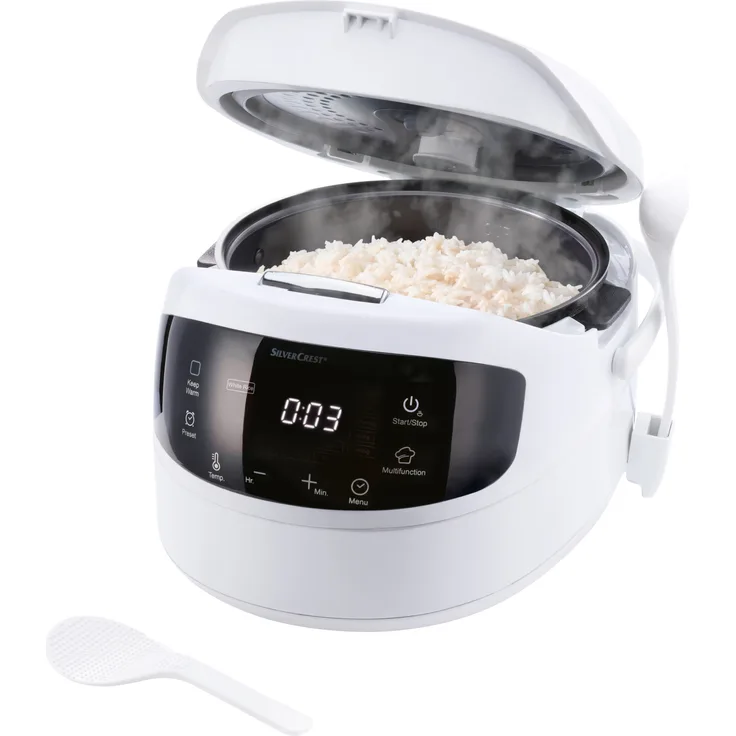 SilverCrest SRKM 860 A1, Digitaler Reiskocher mit 1,5 l Fassungsvermögen, 8 Reismodi und Dampfgareinsatz, Antihaftbeschichtung, 860 W