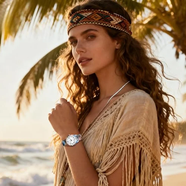 JewelryWe Boho Elastische Armbanduhr, Damen Analog Quarz Uhr mit Vermeer Kunstmotiv, Edelstahl Zugarmband, große Zahlen, 1ATM Wasserschutz – Bild 2