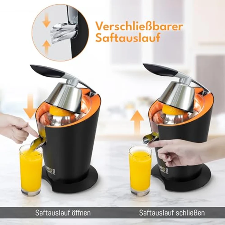 LEBENLANG Orangenpresse elektrische Edelstahl 600W - Hohe Saftausbeute für Orangen & Zitronen - BPA-Frei - Matt Schwarz – Bild 4