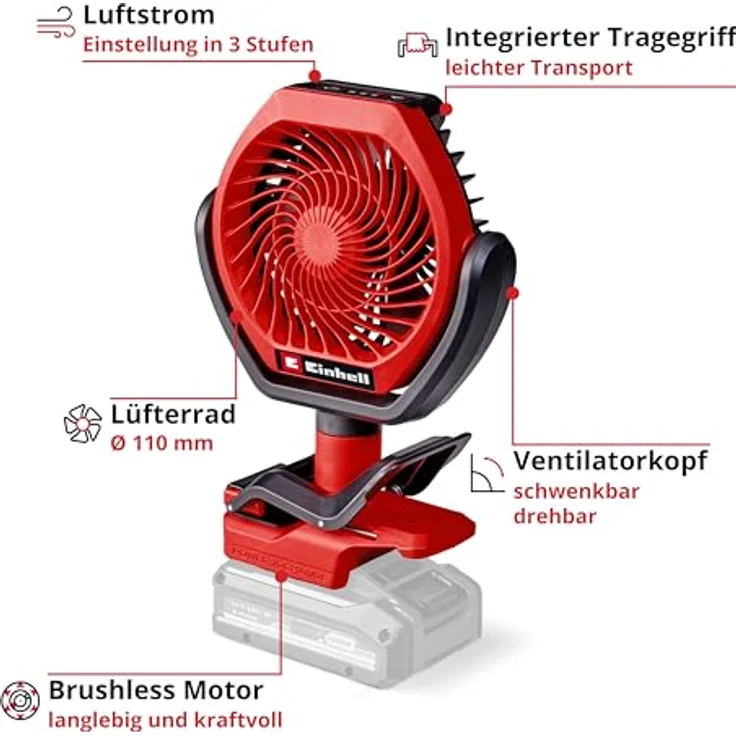 Einhell Akku-Ventilator GC-CF 18/110 Li-Solo, kabelloser Ventilator mit 300° Beweglichkeit und 3 Windstufen – Bild 3