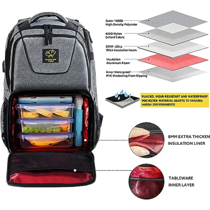 UPGRADED 519 Fitness Meal Prep Rucksack, isoliert, wasserdicht, Kühler, Lunch-Rucksack, Wanderrucksack für Herren und Damen, Picknick-Kühler Rucksack mit 3 Mahlzeit-Behältern und 2 Kühlakkus Large grau – Bild 4