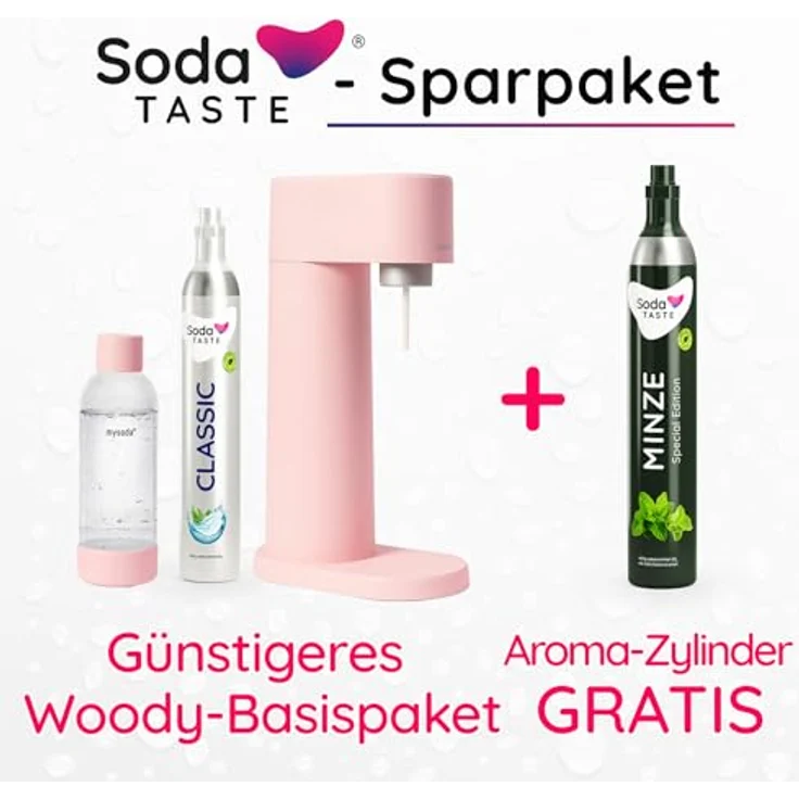 SodaTASTE Sparpaket: Mysoda Woody - Wassersprudler aus erneuerbarem Holzkomposit mit 1L BPA-freier Plastikflasche, CO2-Zylinder Classic + CO2-Zylinder Minze (Rosa) – Bild 2