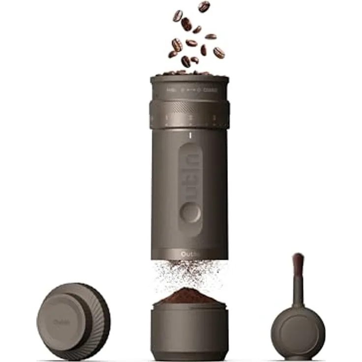 OutIn Fino Grinder, tragbare Kaffeemühle mit 28 Mahlstufen, 38-mm-Kegelmahlwerk aus gehärtetem Edelstahl, Akku, in Sandsteinweiß und Tundrabraun