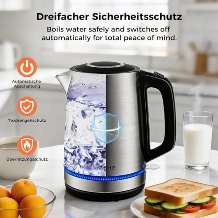 YASHE Wasserkocher Edelstahl 1,7L, 2200W, kabellos mit 360° Basis und Kalkfilter – Bild 3