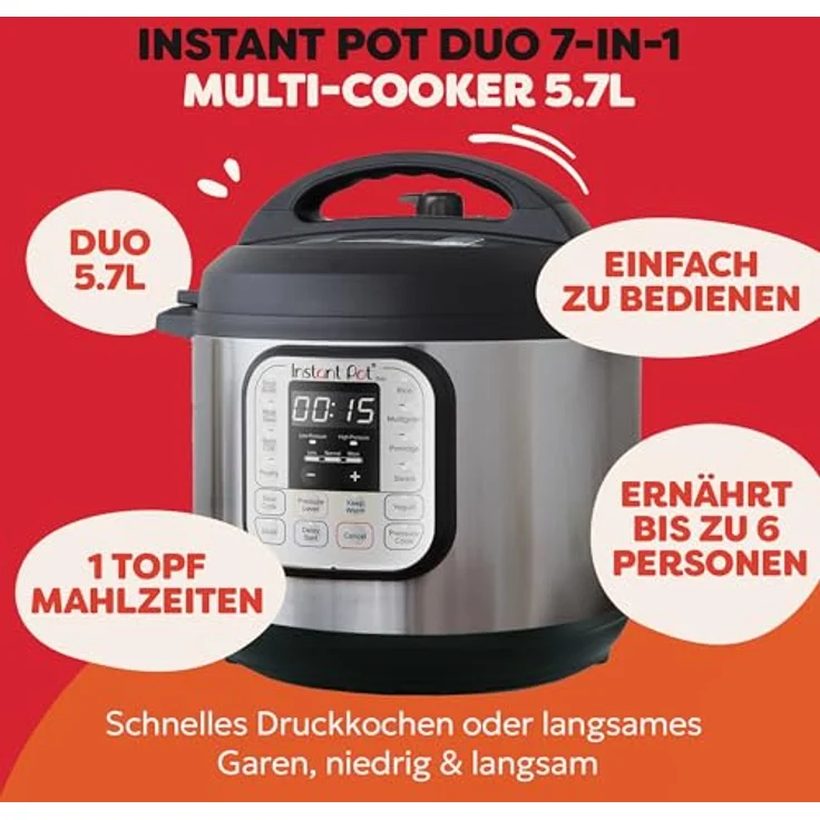 Instant Pot Duo 7-in-1-Multikocher 5,7 l – gebürstetes Edelstahl, großer Schnellkochtopf, Schongarer, Reiskocher, Sauteuse, Joghurtbereiter, Dampfgarer, Speisenwärmer, spülmaschinenfest – Bild 2
