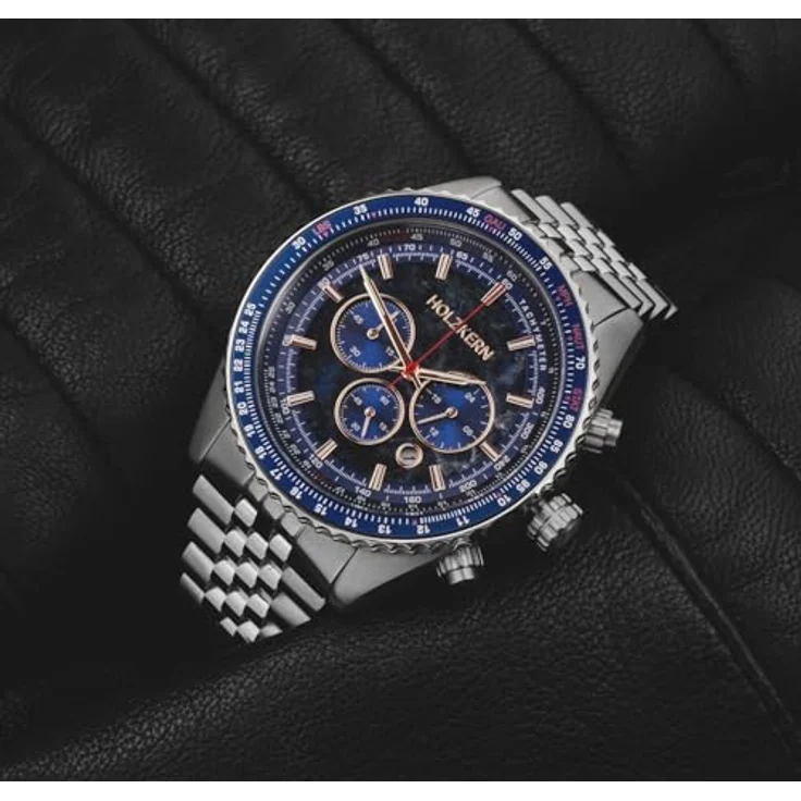 HOLZKERN Chronograph Openhorizon, Herrenuhr mit Marmor-Zifferblatt Blau, Edelstahlband, Japanisches Quarzwerk – Bild 4