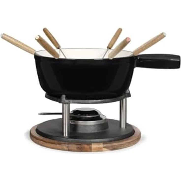 Livoo Fondue-Set MEN426N, 2,6 l Caquelon aus emailliertem Gusseisen mit Akazienholzsockel, für bis zu 6 Personen, induktionsgeeignet – Bild 1