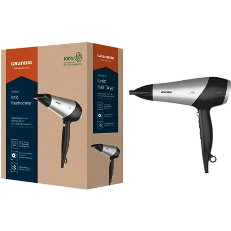GRUNDIG HD 6080 B Haartrockner 2200 W, Föhn, Ionic-Funktion, 3 Temperatur- und 2 Luftstromstufen, Kaltstufe, Keramikbeschichtung, 1,8 m Kabel, Schwarz/Silber