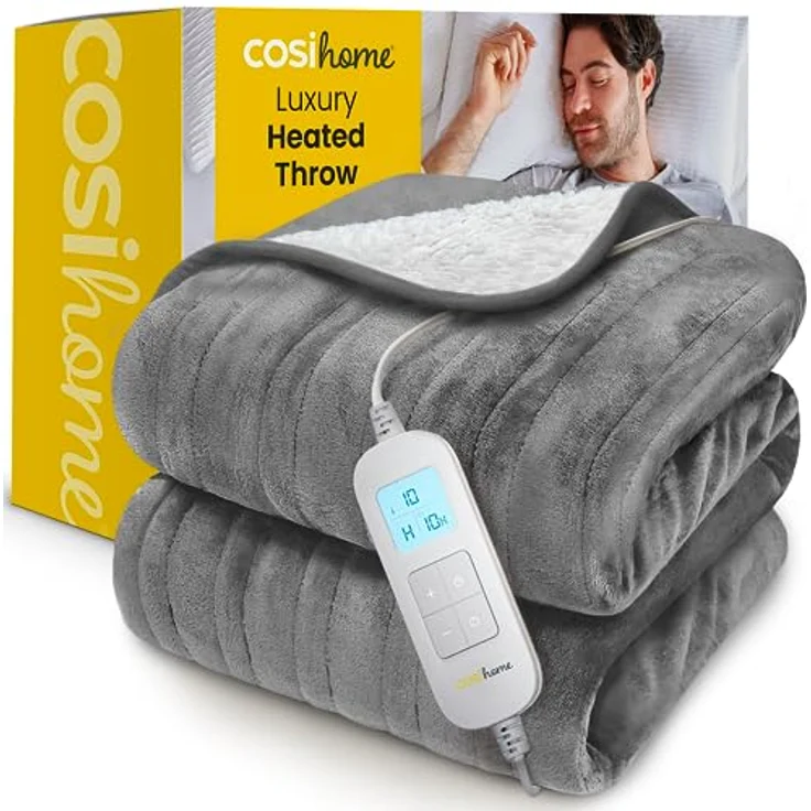 Cosi Home Heizdecke 180x130 cm - Elektrische Wärmedecke mit Abschaltautomatik, Überhitzungsschutz, Waschbar, Kuscheliges Sherpa & Fleece, 10 Heizstufen mit digitaler Fernbedienung - Grau – Bild 1