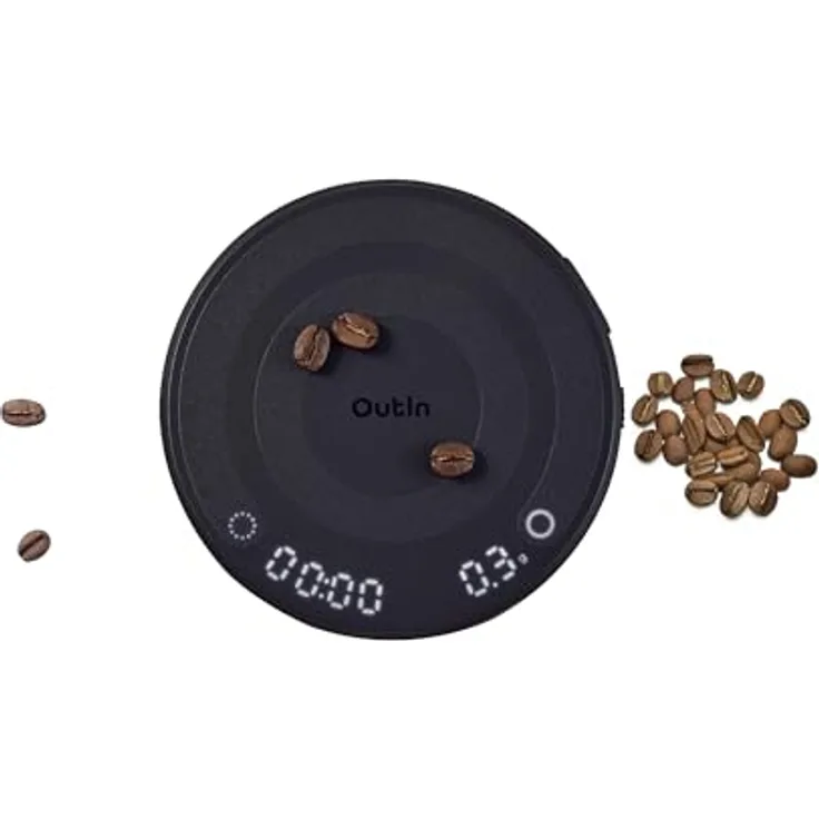 OutIn Claro Tragbare Kaffeewaage mit Timer, Digitale Espresso Waage 2kg/0,1g für Pour Over & Kaffeezubereitung, Inklusive Schutztasche, Wiederaufladbare Küchenwaage mit präzisem Wiegen
