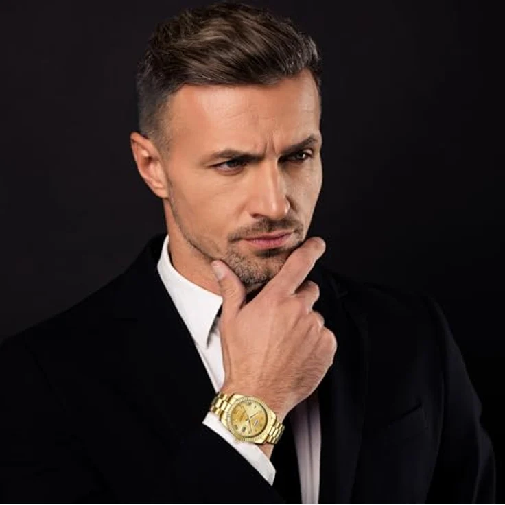 JewelryWe Herrenuhr Edelstahl Analog Quarz, 30m wasserdicht, mit Leuchtzeigern und Gold römischen Ziffern, goldfarbenes Edelstahlarmband – Bild 5