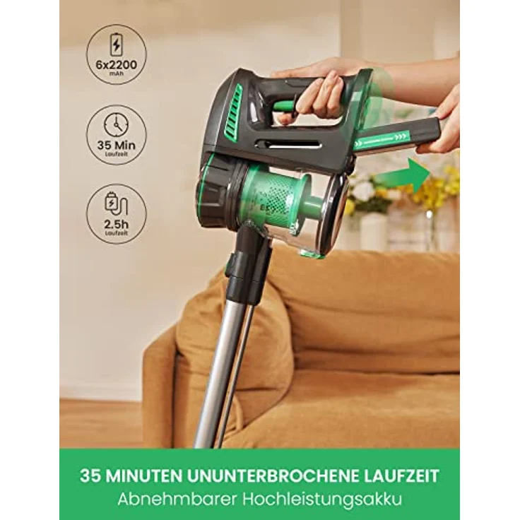 Vactidy Blitz V8 Akku Staubsauger Kabellos, 25KPa Kabelloser Staubsauger Mit abnehmbarem Akku, Akkustaubsauger bis zu 35min Laufzeit, Staubsauger Tierhaare für Hartholzböden – Bild 2