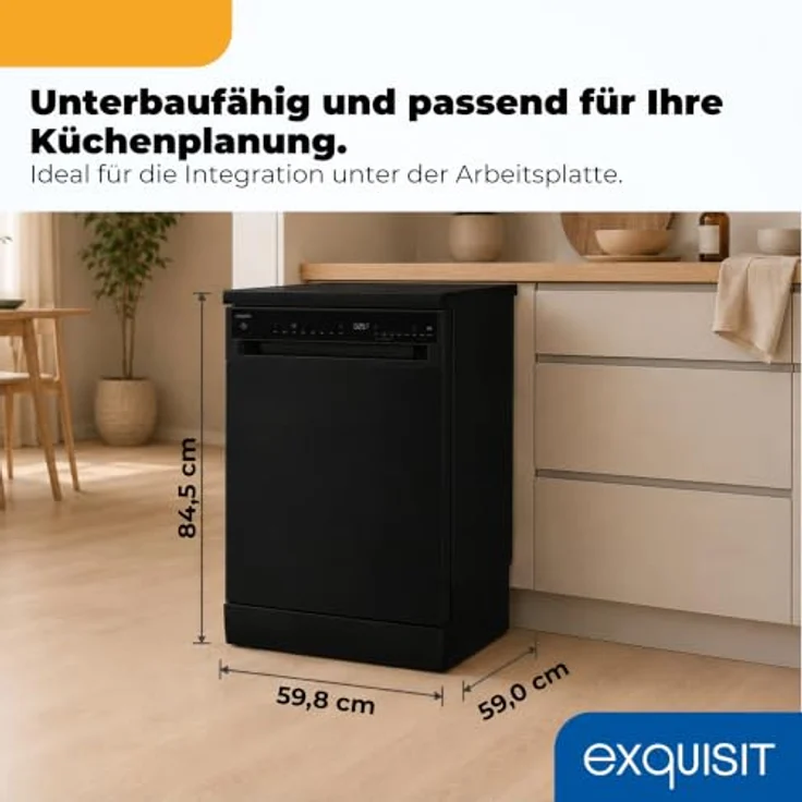Exquisit GSP59316-450C Geschirrspüler, 16 Maßgedecke, Energieklasse C, 8 Spülprogramme, Aquastop, Innenbeleuchtung, unterbaufähig, schwarz – Bild 3
