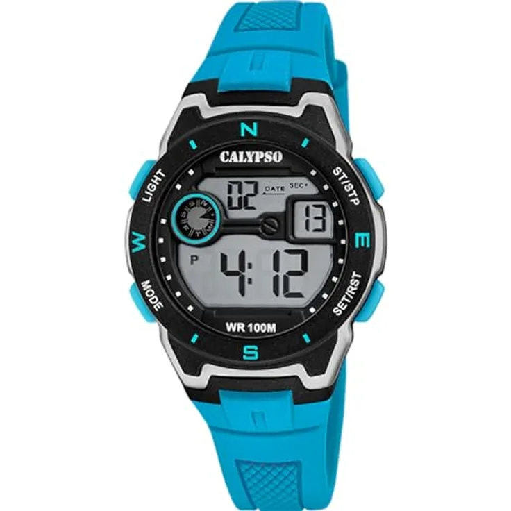 CALYPSO WATCHES Chronograph Digital Crush K5853/1, Kinderuhr mit digitaler Anzeige, Wasserdicht bis 10 bar, türkis/silberfarben-schwarz