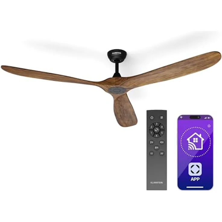 Klarstein Deckenventilator Leise 178 cm Walnuss, Smart Steuerung per App, 6 Geschwindigkeiten, Sommer-/Winterbetrieb, flüsterleise, energiesparend