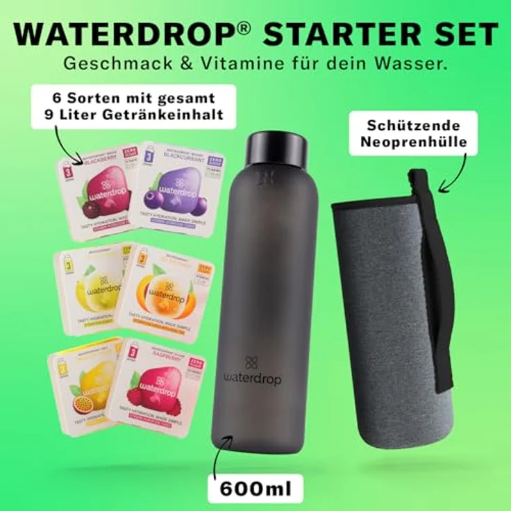 Waterdrop Starterset Glas Trinkflasche 600ml Black Frosted, inkl. 3er-Packs mit 6 fruchtigen Sorten – Bild 2