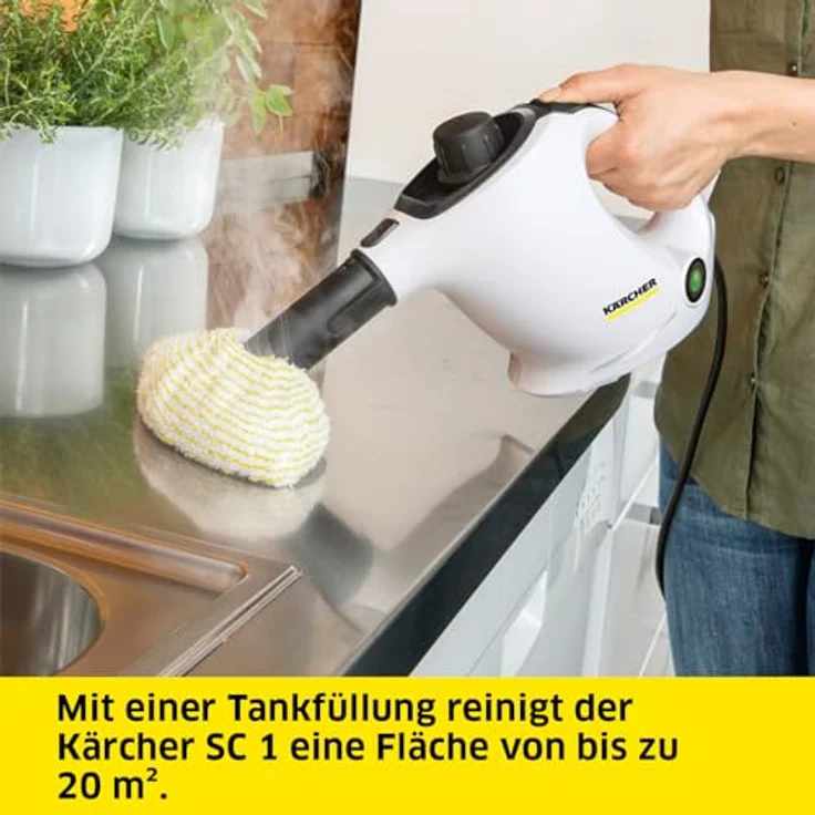 Kärcher Dampfreiniger SC 1, Dampfdruck: 3 bar, Aufheizzeit: 3 min., Leistung: 1.200 W, Flächenleistung: 20 m², Tank: 200 ml, mit Hand-, Punktstrahl- und Powerdüse, Mikrofaser-Überzug und Rundbürste – Bild 3